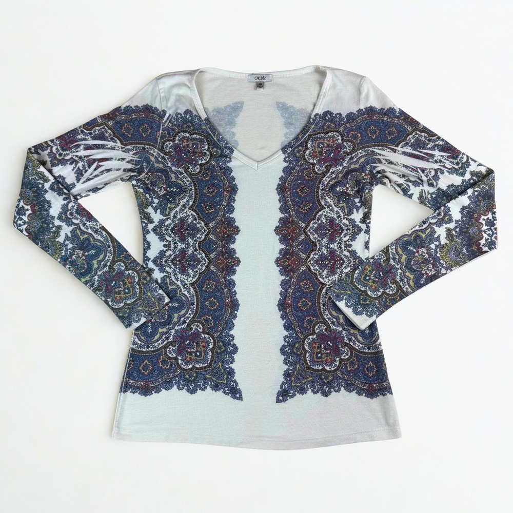Vintage Cache Studded Paisley Top Women XS White Long Sleeve V-Neck Y2K Boho‎